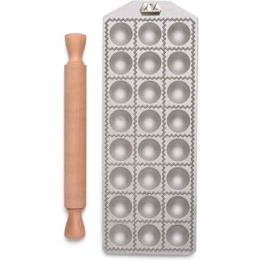 Marcato Ravioli Tray with Rolling Pin - 24 x Round 40mm 