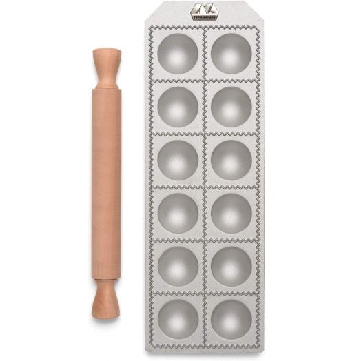 Marcato Ravioli Tray with Rolling Pin - 12 x Round 55mm 